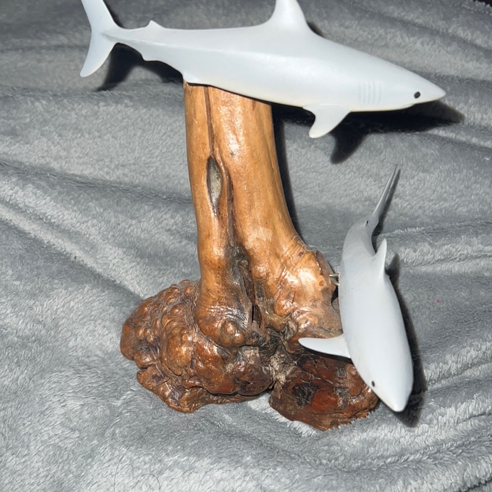 Shark sculpture with wood base